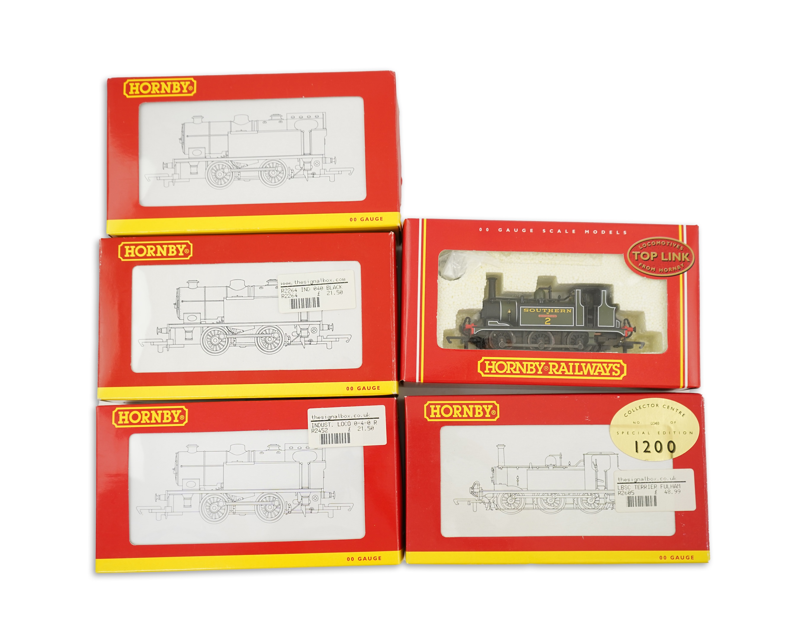 Five boxed Hornby Railways 00 gauge railway tank locomotives; an SR class A1X Terrier, Freshwater 2, (R2063), an LBSCR Terrier, Fulham 44, (R2605), an SR 0-4-0T industrial locomotive, 7, (R2439), a Lion Works 0-4-0T indu